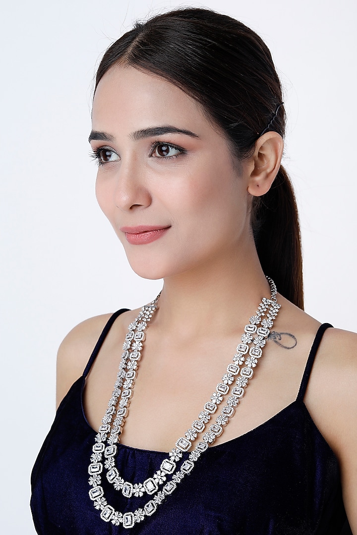White Finish Zircon Long Layered Necklace by Vivinia By Vidhi Mehra at Pernia's Pop Up Shop