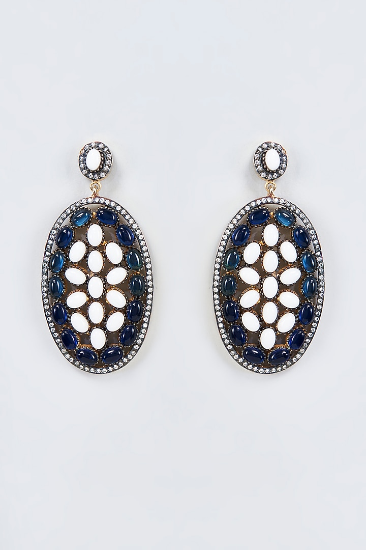 Gold Finish Pearl & Blue Stone Earrings by Vivinia By Vidhi Mehra at Pernia's Pop Up Shop