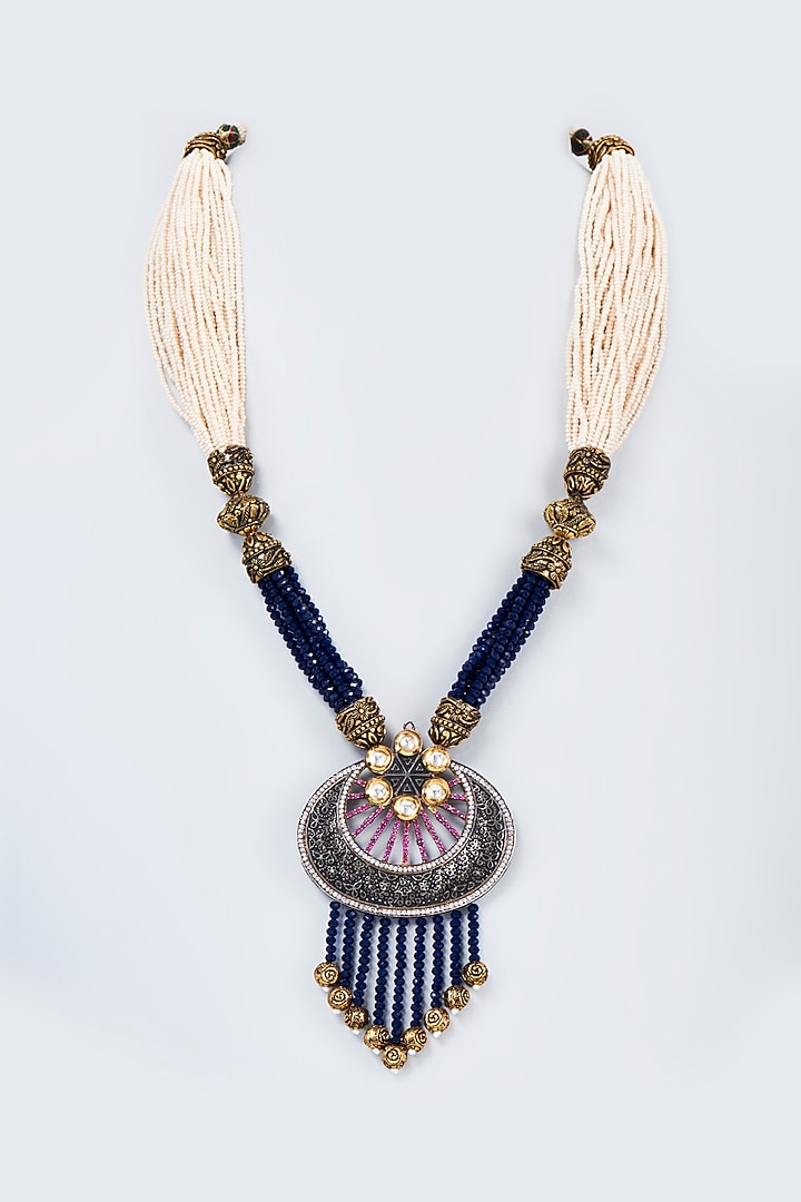Gold Finish Pearl Handcrafted Enamel Long Necklace by Vivinia By Vidhi Mehra at Pernia's Pop Up Shop