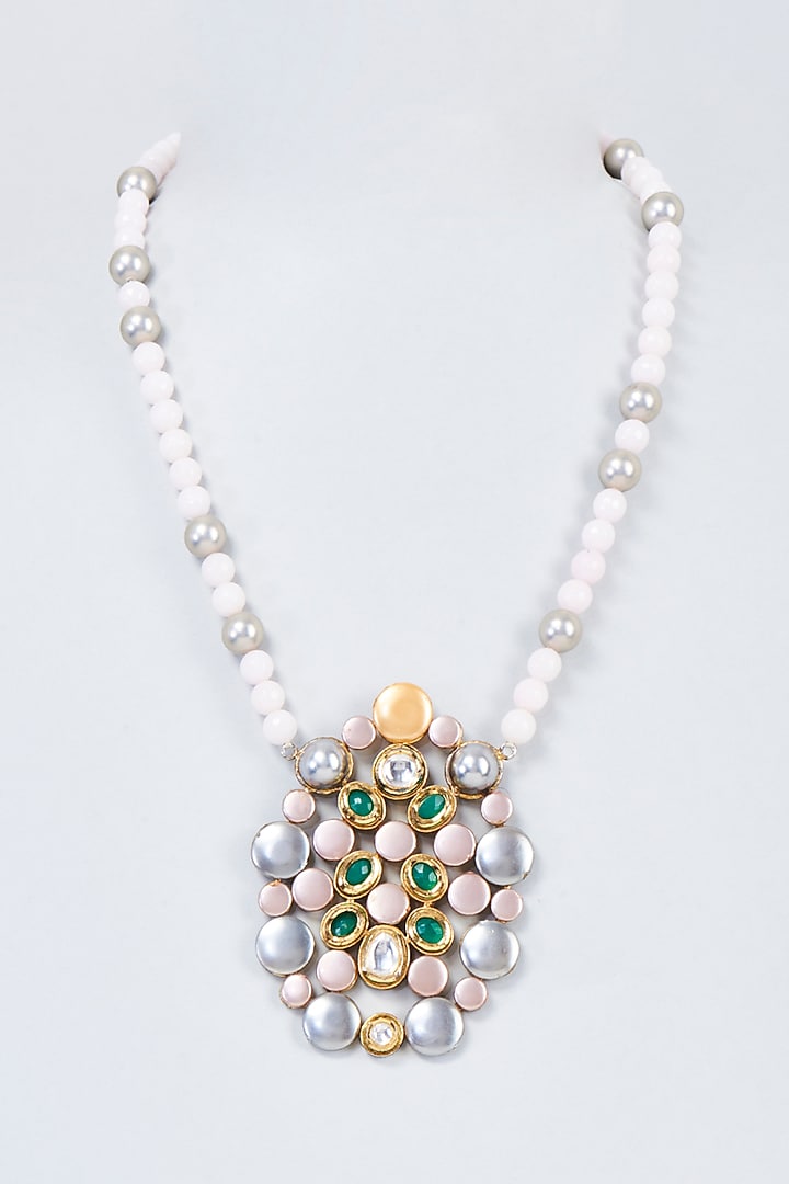 Gold Finish Multi-Colored Kundan Polki & Pearl Handcrafted Mala by Vivinia By Vidhi Mehra at Pernia's Pop Up Shop