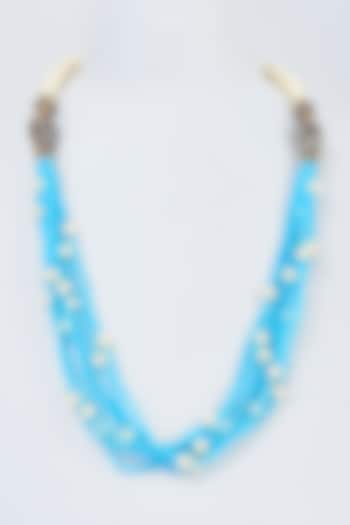 Gold Finish Pearl & Blue Crystal Beaded Mala by Vivinia By Vidhi Mehra at Pernia's Pop Up Shop