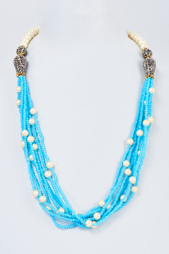Gold Finish Pearl & Blue Crystal Beaded Mala by Vivinia By Vidhi Mehra at Pernia's Pop Up Shop
