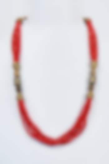Gold Finish Red Crystal & Gold Beaded Necklace by Vivinia By Vidhi Mehra at Pernia's Pop Up Shop