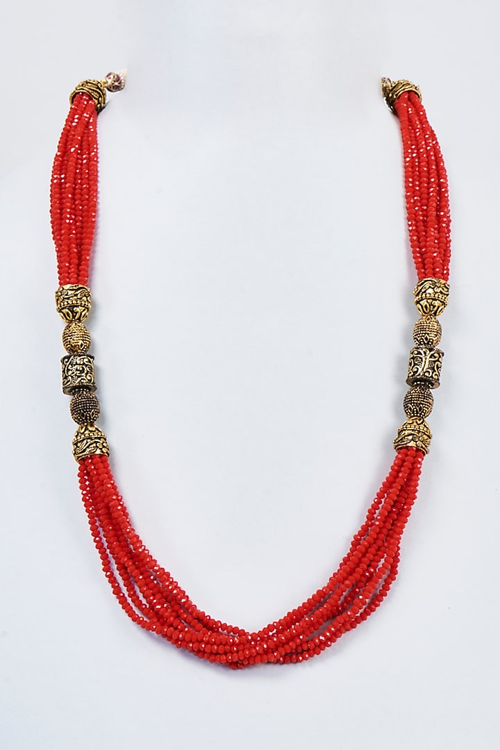 Gold Finish Red Crystal & Gold Beaded Necklace by Vivinia By Vidhi Mehra at Pernia's Pop Up Shop