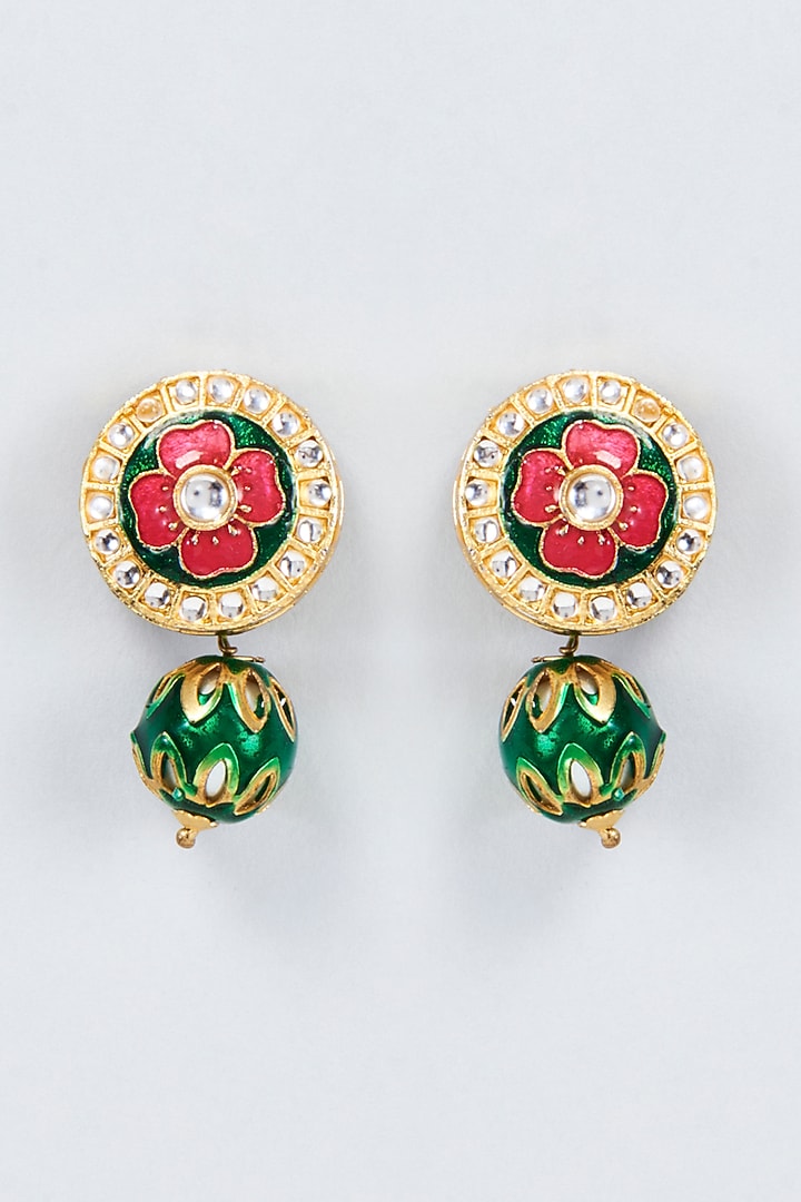 Gold Finish Dark & Green Kundan Polki Dangler Earrings by Vivinia By Vidhi Mehra at Pernia's Pop Up Shop