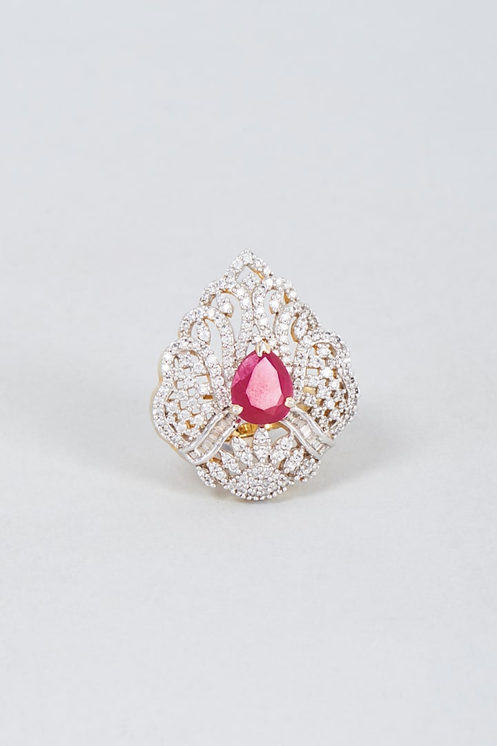 Gold Finish Red & White Zircon Ring In Sterling Silver by Vivinia By Vidhi Mehra at Pernia's Pop Up Shop