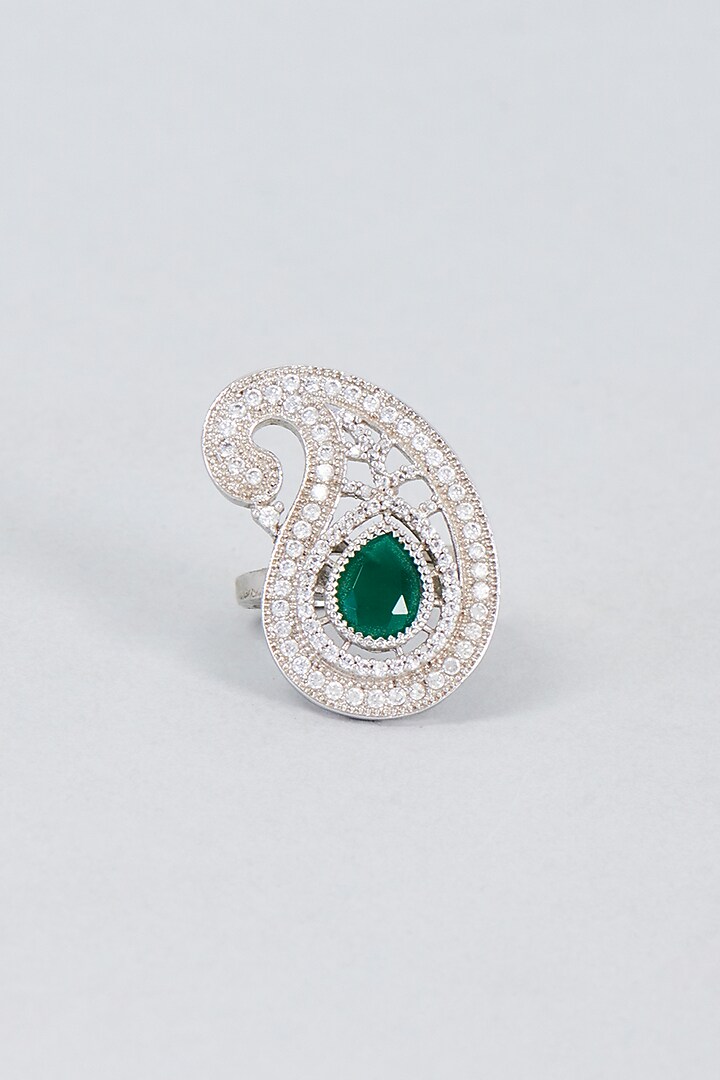 White Finish Zircon & Green Stone Ring by Vivinia By Vidhi Mehra at Pernia's Pop Up Shop