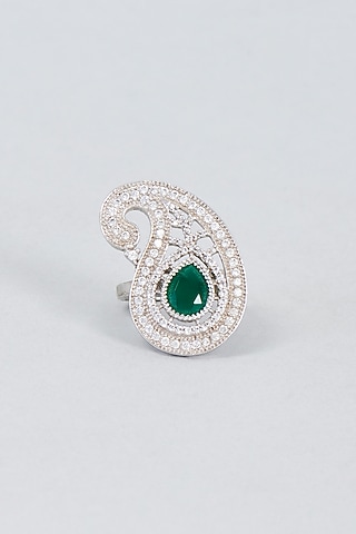 White Finish Zircon & Green Stone Ring by Vivinia By Vidhi Mehra