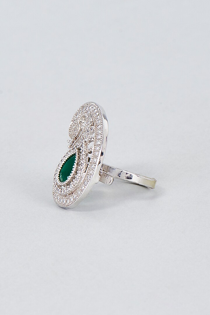 White Finish Zircon & Green Stone Ring by Vivinia By Vidhi Mehra at Pernia's Pop Up Shop