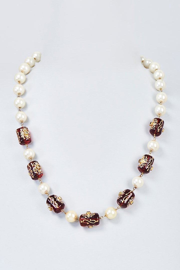Gold Finish Pearl & Blue Jade Beaded Mala by Vivinia By Vidhi Mehra at Pernia's Pop Up Shop