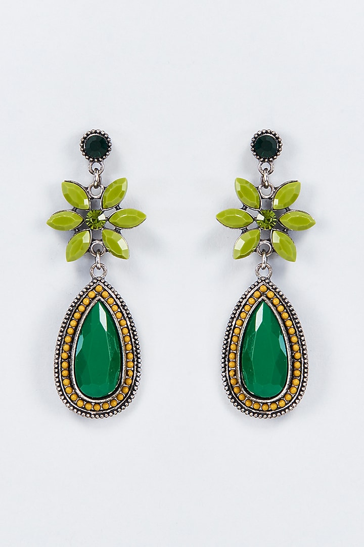 White Finish Synthetic Green Stone Handcrafted Dangler Earrings by Vivinia By Vidhi Mehra at Pernia's Pop Up Shop