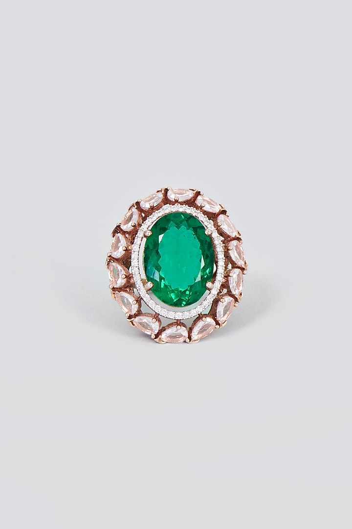 Rose Gold Finish Zircon & Green Stone Ring by Vivinia By Vidhi Mehra