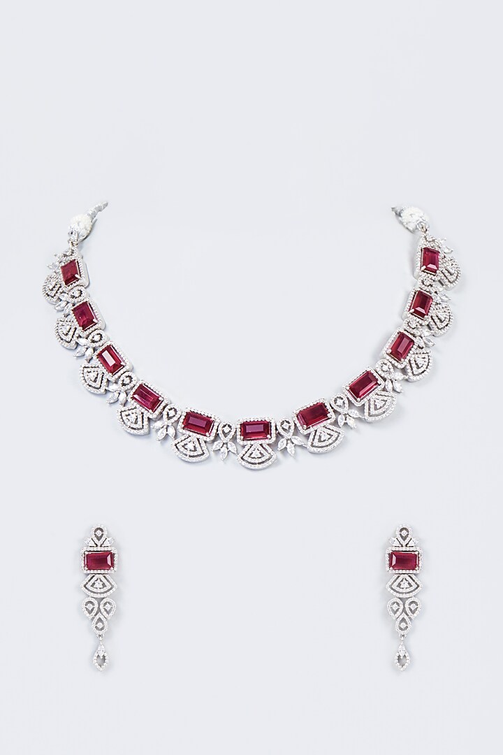 White Finish Zircon & Red Stone Choker Necklace Set by Vivinia By Vidhi Mehra at Pernia's Pop Up Shop