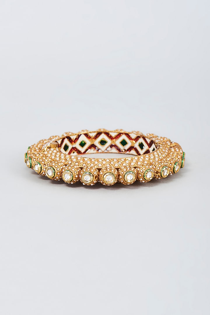 Gold Finish Kundan Polki & Moti Bangle by Vivinia By Vidhi Mehra at Pernia's Pop Up Shop