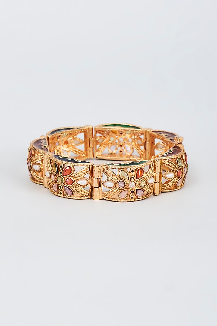 Gold Finish Zircon & Pearl Bangle by Vivinia By Vidhi Mehra at Pernia's Pop Up Shop