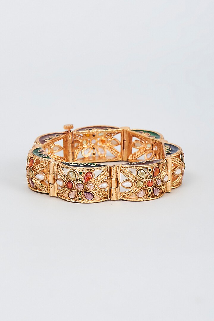 Gold Finish Zircon & Pearl Bangle by Vivinia By Vidhi Mehra at Pernia's Pop Up Shop