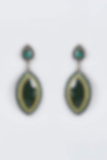 Black Rhodium Finish Pearl & Green Stone Dangler Earrings by Vivinia By Vidhi Mehra at Pernia's Pop Up Shop