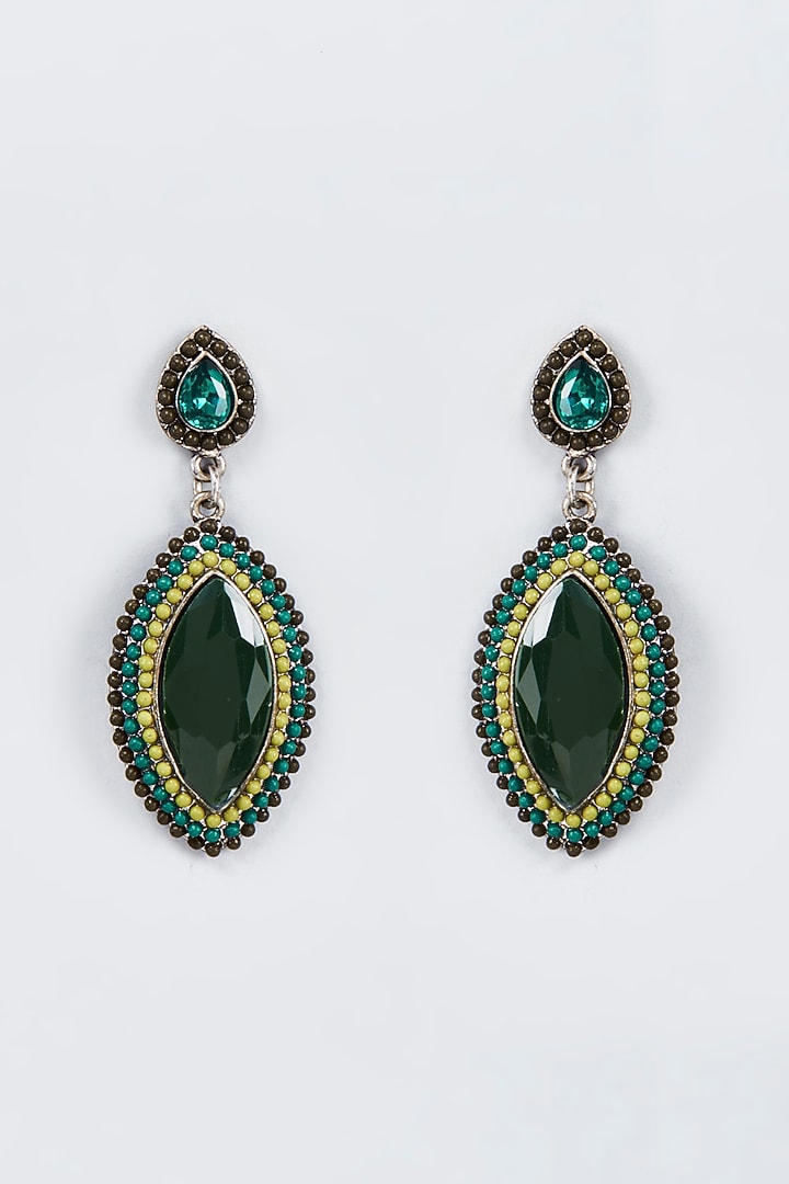 Black Rhodium Finish Pearl & Green Stone Dangler Earrings by Vivinia By Vidhi Mehra at Pernia's Pop Up Shop