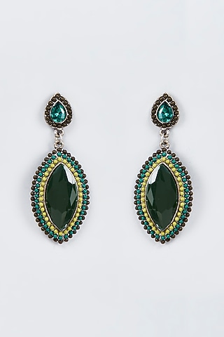 Black Rhodium Finish Pearl & Green Stone Dangler Earrings by Vivinia By Vidhi Mehra