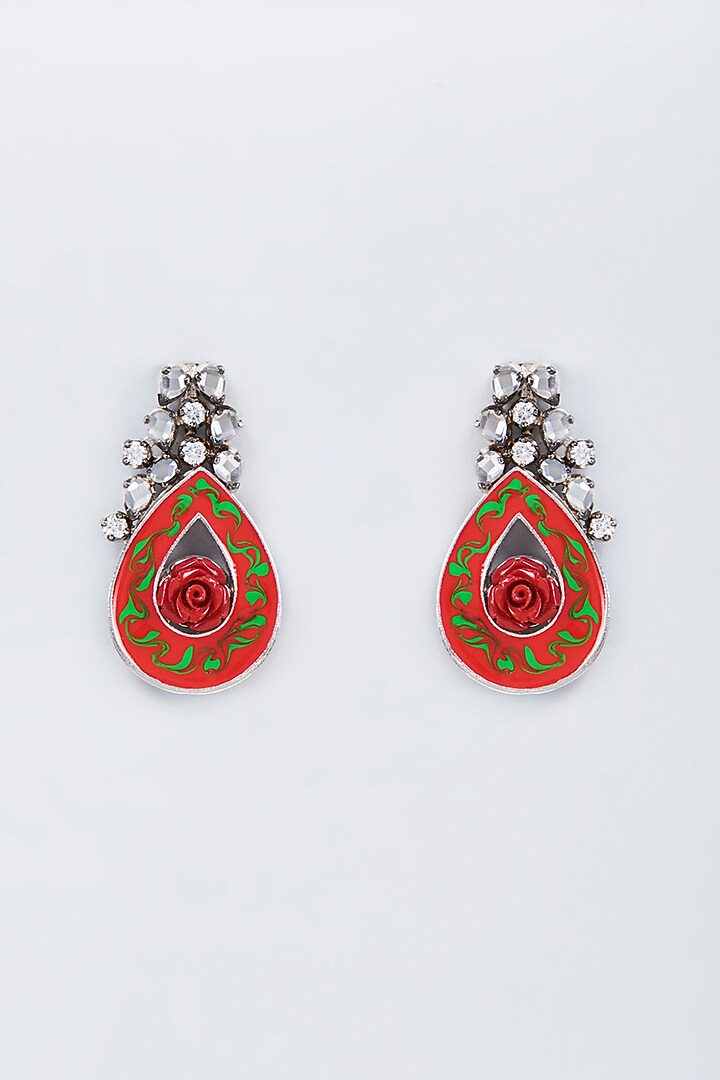 Silver Finish Kundan Polki & Orange Stone Earrings by Vivinia By Vidhi Mehra at Pernia's Pop Up Shop