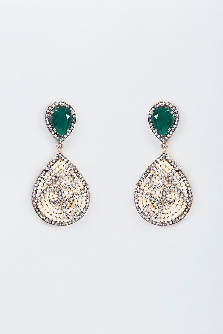 Silver Finish Green & White Stone Dangler Earrings by Vivinia By Vidhi Mehra at Pernia's Pop Up Shop