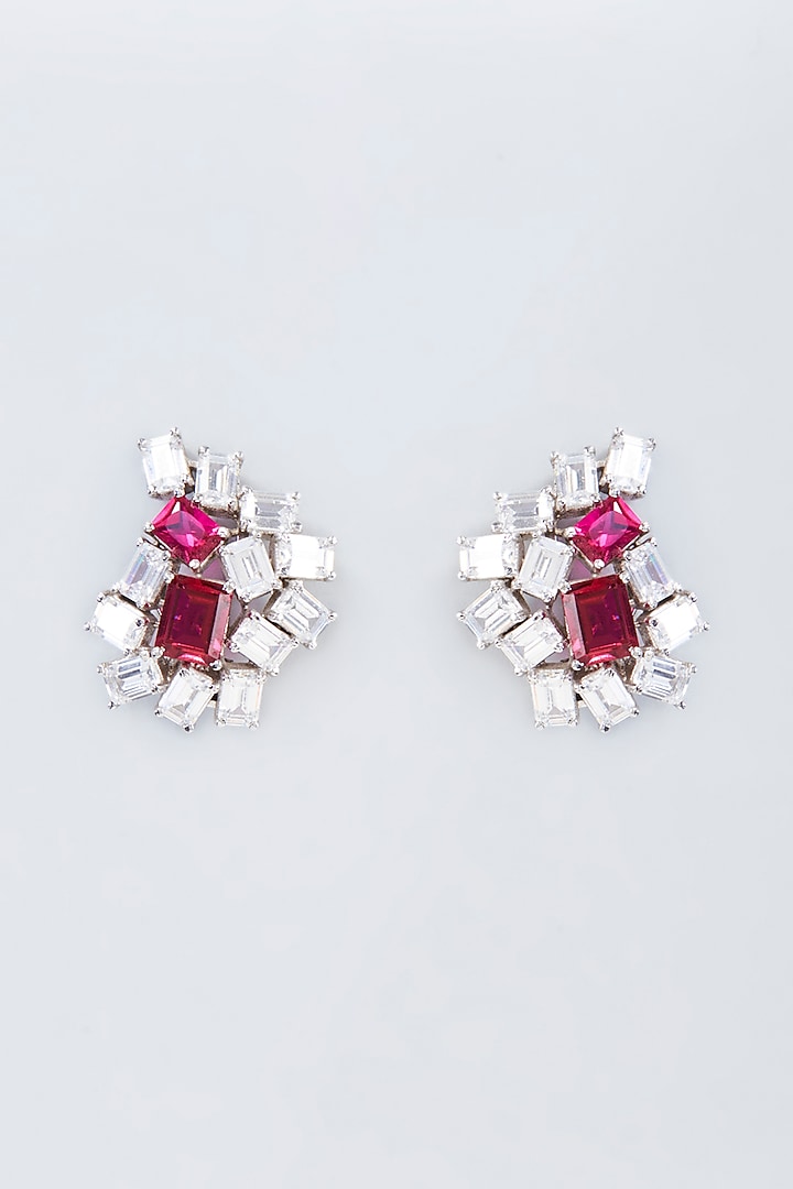 Silver Finish Pink & White Zircon Stud Earrings by Vivinia By Vidhi Mehra at Pernia's Pop Up Shop