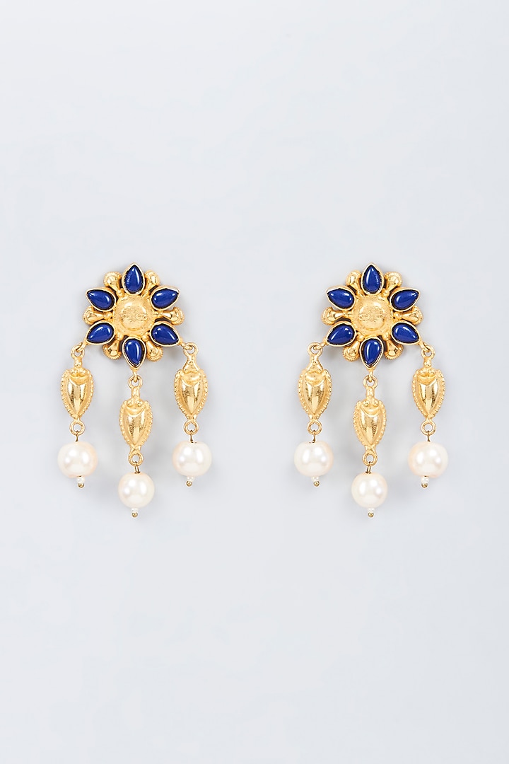 Gold Finish Blue Kundan Polki & Pearl Dangler Earrings by Vivinia By Vidhi Mehra at Pernia's Pop Up Shop