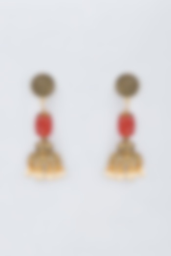 Gold Finish Red Beaded & Pearl Dangler Earrings by Vivinia By Vidhi Mehra at Pernia's Pop Up Shop