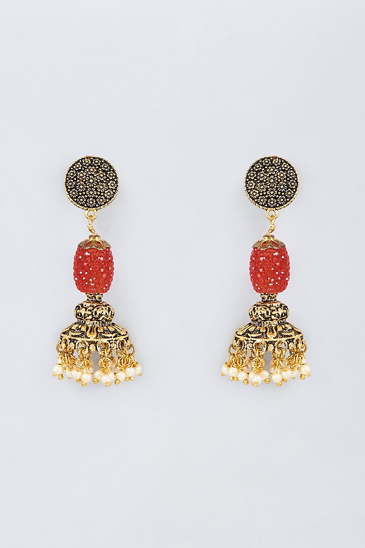 Gold Finish Red Beaded & Pearl Dangler Earrings by Vivinia By Vidhi Mehra at Pernia's Pop Up Shop