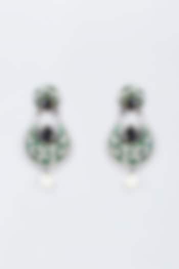 Black Rhodium Finish Pearl & Green Beaded Dangler Earrings by Vivinia By Vidhi Mehra at Pernia's Pop Up Shop