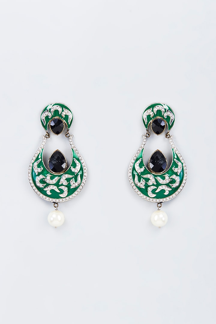 Black Rhodium Finish Pearl & Green Beaded Dangler Earrings by Vivinia By Vidhi Mehra at Pernia's Pop Up Shop