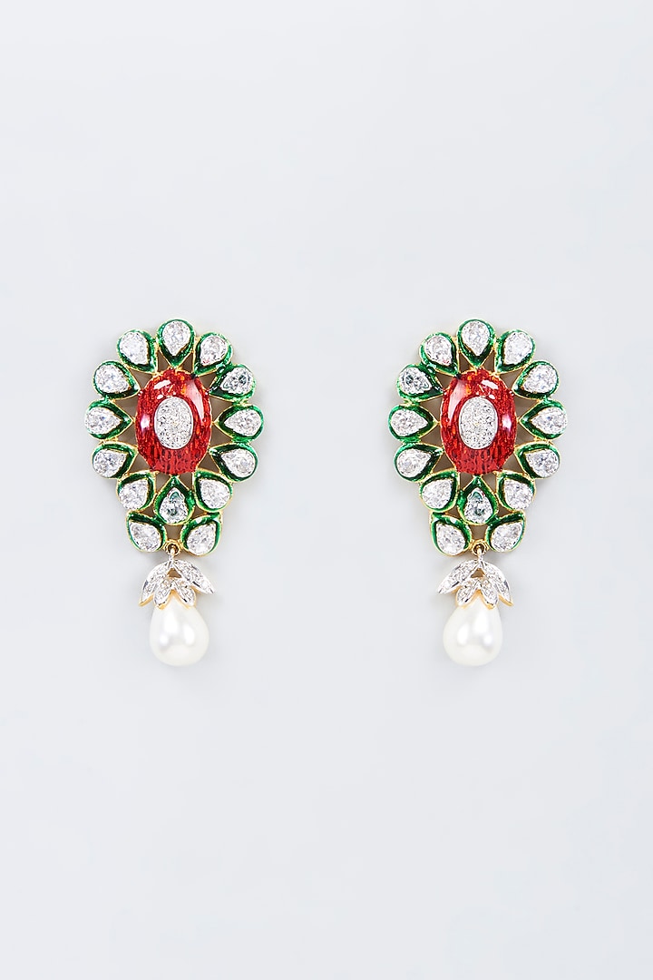 Gold Finish Kundan Polki & Pearl Dangler Earrings by Vivinia By Vidhi Mehra at Pernia's Pop Up Shop