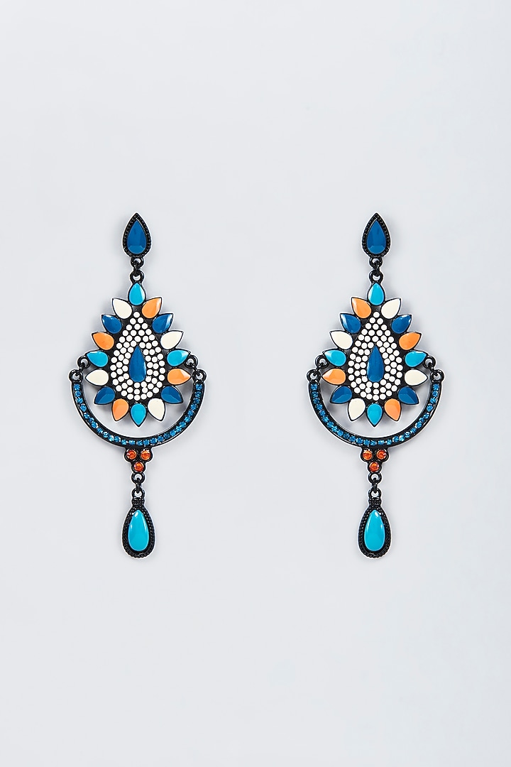 Black Rhodium Finish Multi-Colored Stone Dangler Earrings by Vivinia By Vidhi Mehra at Pernia's Pop Up Shop