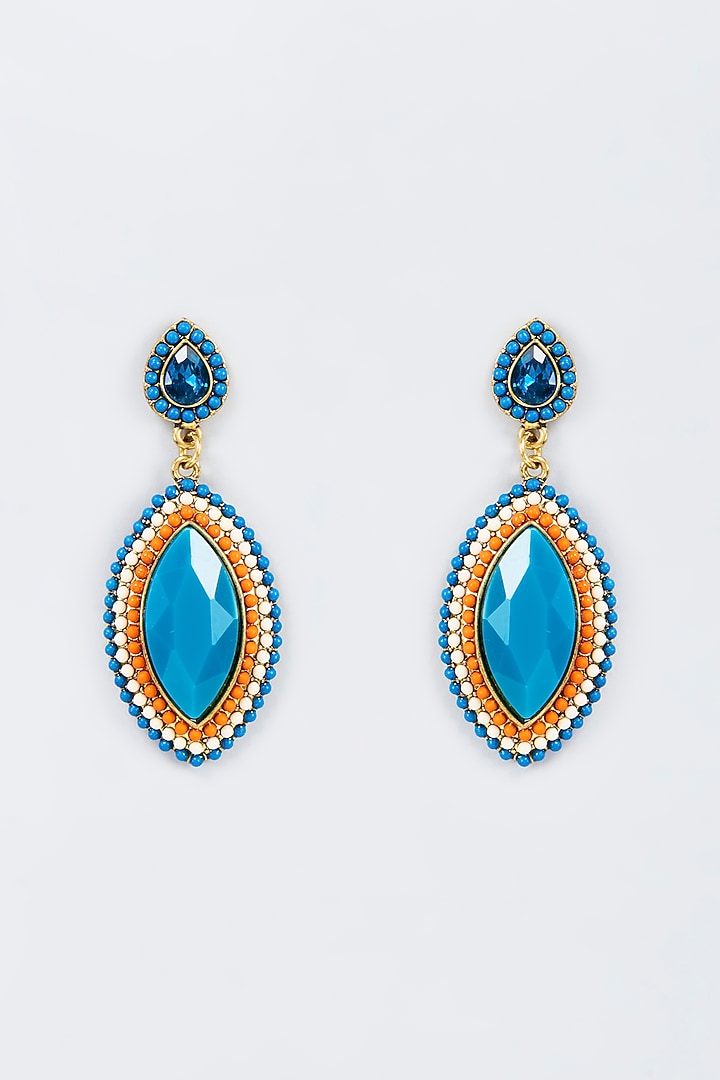Black Rhodium Finish Orange & Blue Stone Dangler Earrings by Vivinia By Vidhi Mehra at Pernia's Pop Up Shop