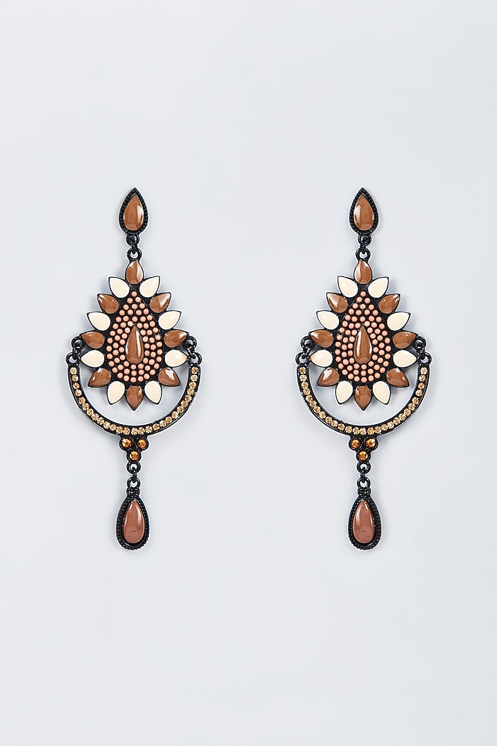 Black Rhodium Finish Brown & White Stone Dangler Earrings by Vivinia By Vidhi Mehra at Pernia's Pop Up Shop