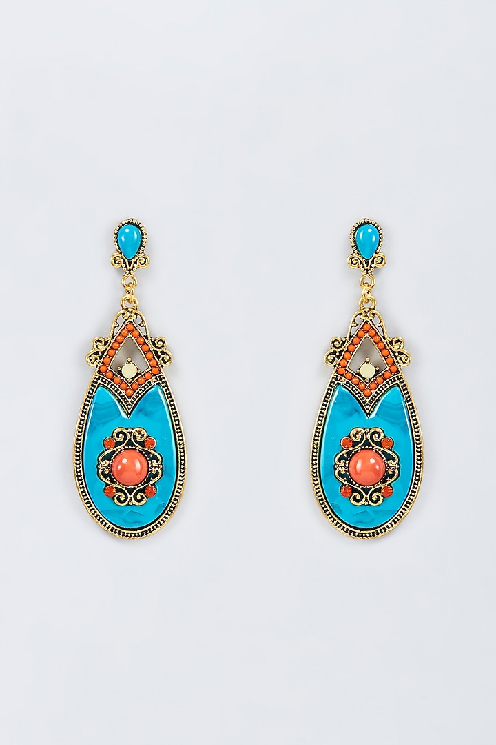 Black Rhodium Finish Orange & Blue Stone Dangler Earrings by Vivinia By Vidhi Mehra at Pernia's Pop Up Shop