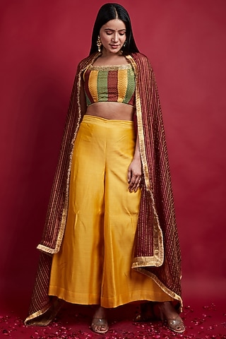 Turmeric Yellow Chanderi Palazzo Pant Set by Vinusto