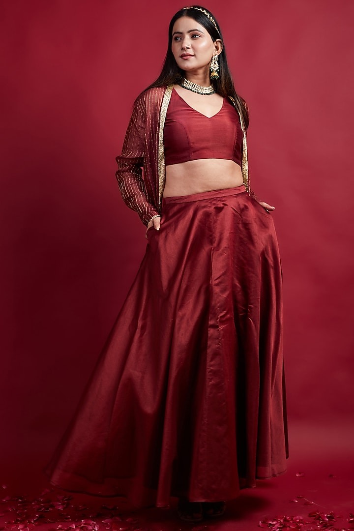 Maroon Chanderi Handloom Jacket Lehenga Set by Vinusto