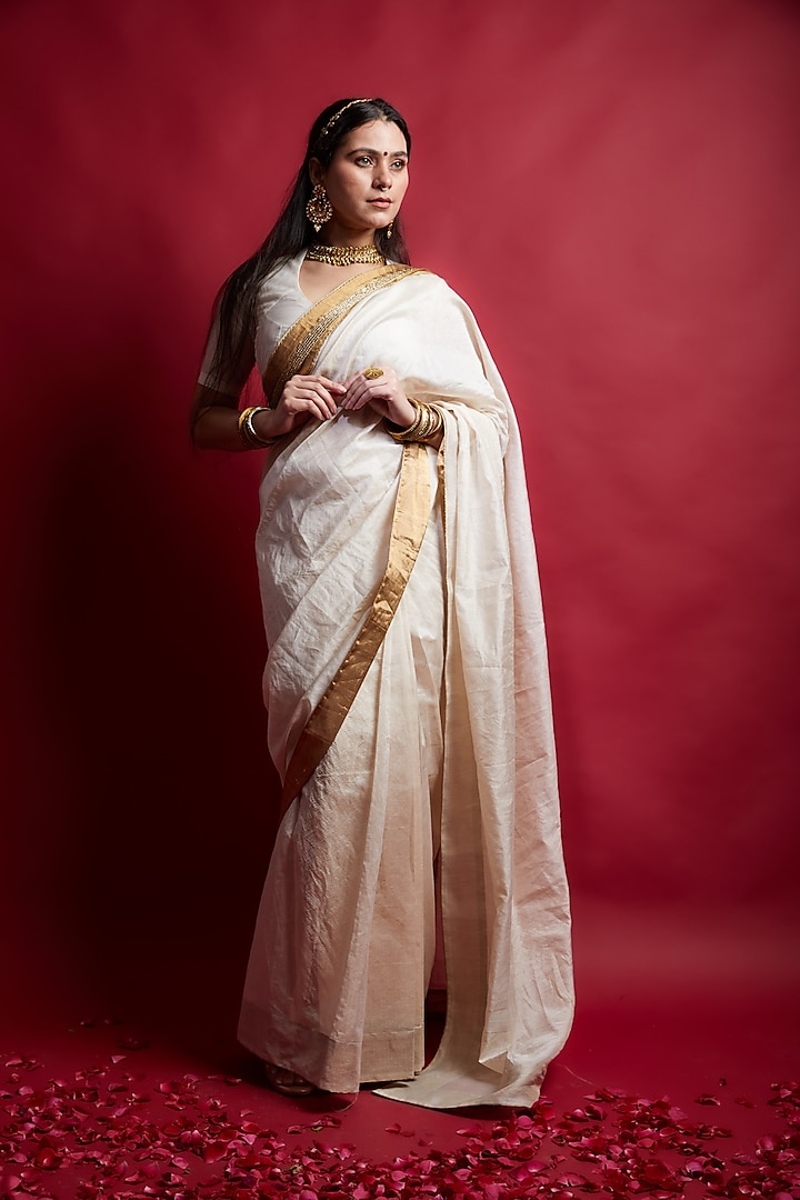 Ivory Chanderi Handloom Embroidered Saree Set by Vinusto