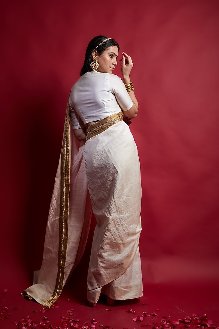 Ivory Chanderi Handloom Embroidered Party Wear Saree Set by Vinusto at Pernia's Pop Up Shop