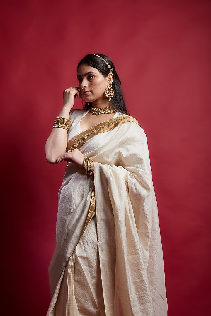 Ivory Chanderi Handloom Embroidered Party Wear Saree Set by Vinusto at Pernia's Pop Up Shop