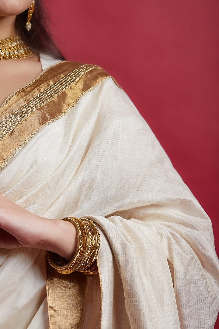 Ivory Chanderi Handloom Embroidered Party Wear Saree Set by Vinusto at Pernia's Pop Up Shop