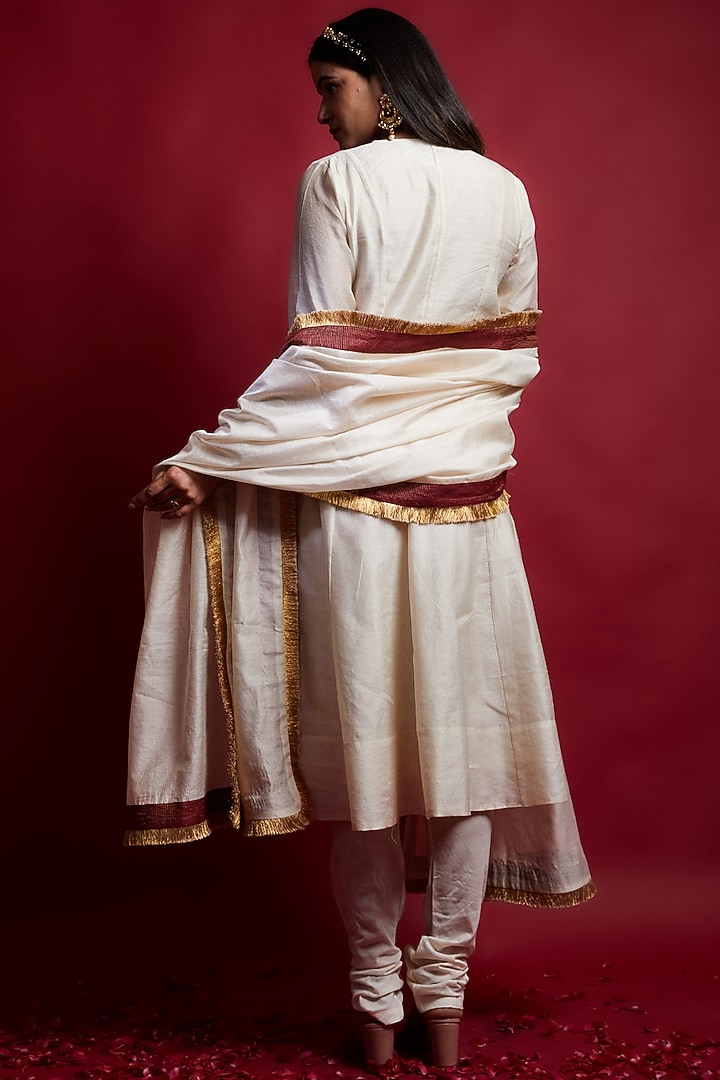 Ivory Chanderi Handloom Party Wear Anarkali Set by Vinusto at Pernia's Pop Up Shop