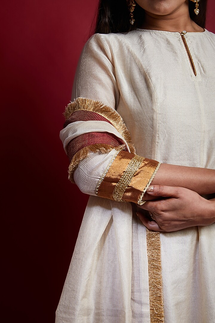 Ivory Chanderi Handloom Party Wear Anarkali Set by Vinusto at Pernia's Pop Up Shop