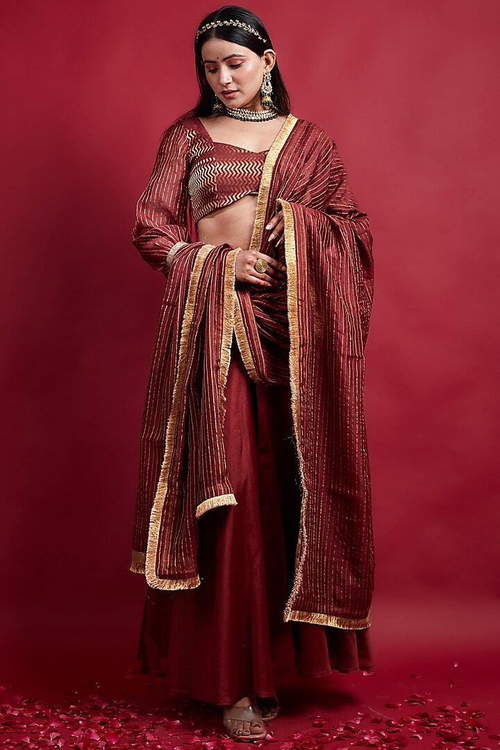 Maroon Chanderi Handloom Lehenga Set by Vinusto