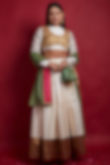 Ivory Chanderi Handloom Woven Zari Striped Lehenga Set by Vinusto