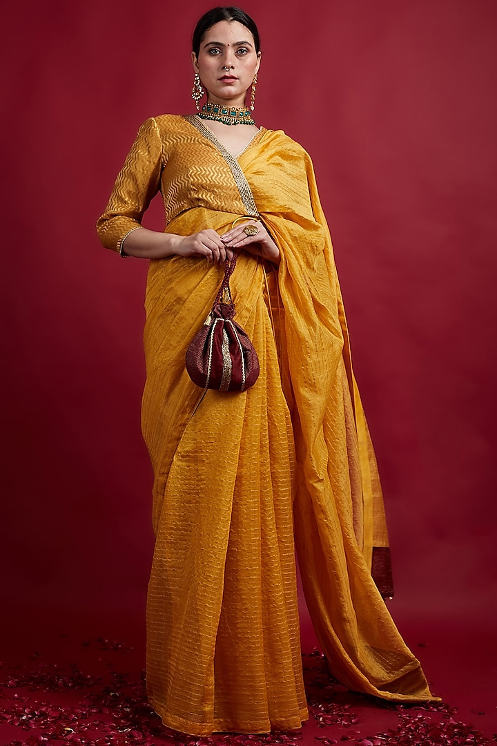 Turmeric Yellow Chanderi Handloom Saree Set by Vinusto