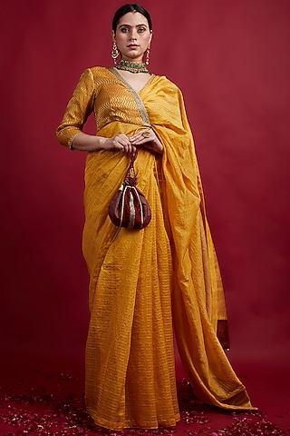 Turmeric Yellow Chanderi Handloom Saree Set by Vinusto