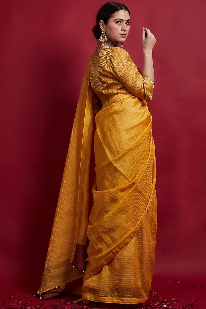 Turmeric Yellow Chanderi Handloom Party Wear Saree Set by Vinusto at Pernia's Pop Up Shop