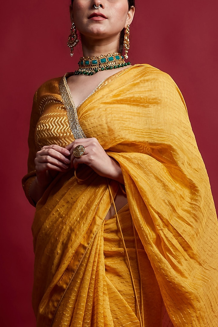Turmeric Yellow Chanderi Handloom Party Wear Saree Set by Vinusto at Pernia's Pop Up Shop